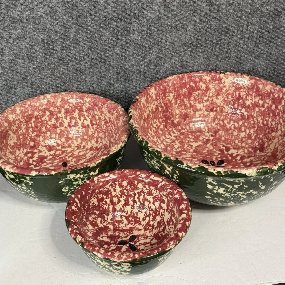 Set Of 3 Watermelon Sponge Ware Nesting Bowls Pottery